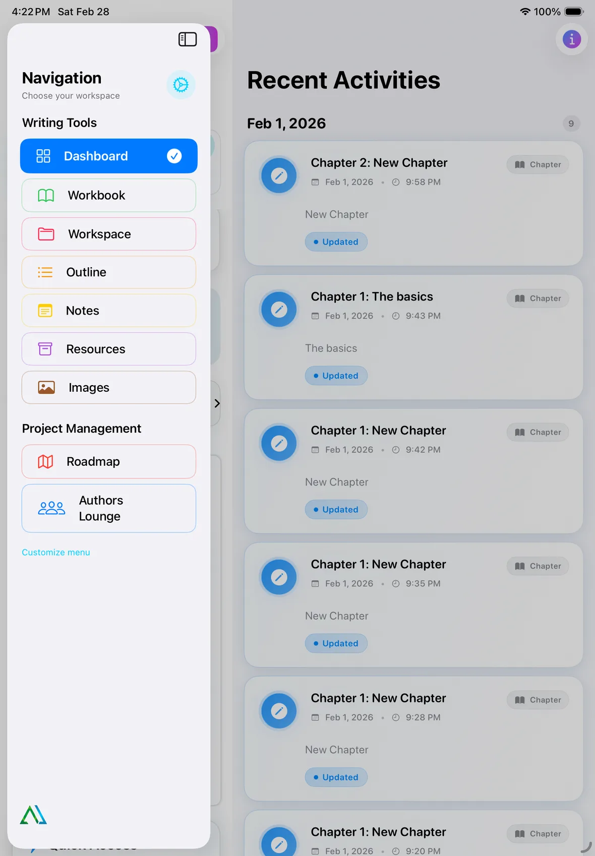 AYCM Manuscript workspace on iPad
