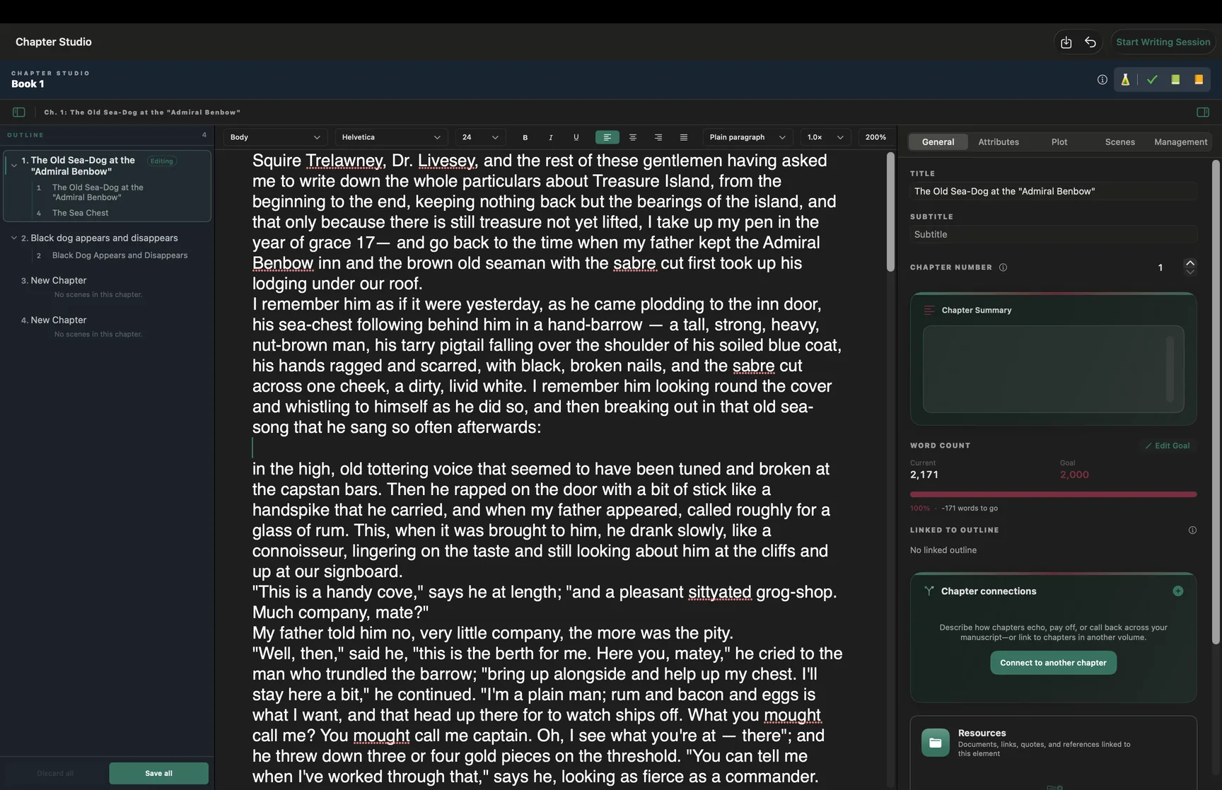 Chapter Studio on Mac — outline navigator, rich text editor, and five-tab chapter inspector