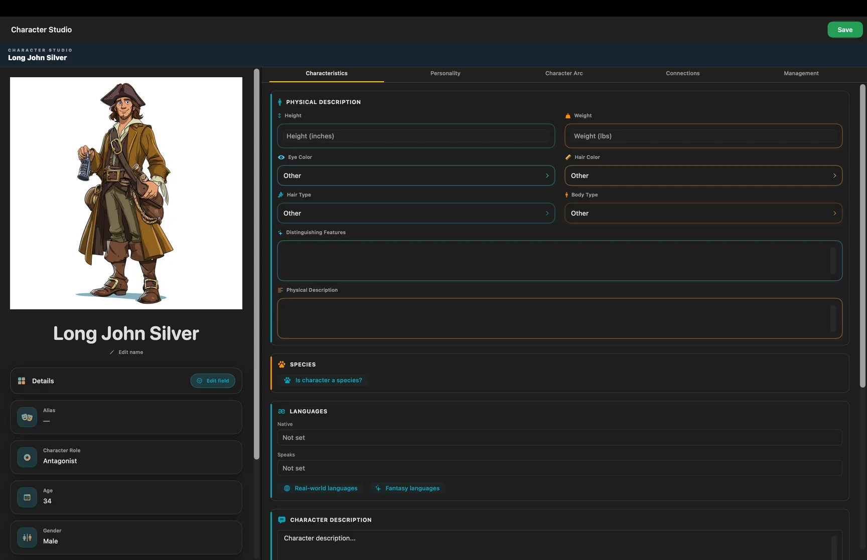 Character Studio on Mac — identity panel with photo and five-tab character inspector
