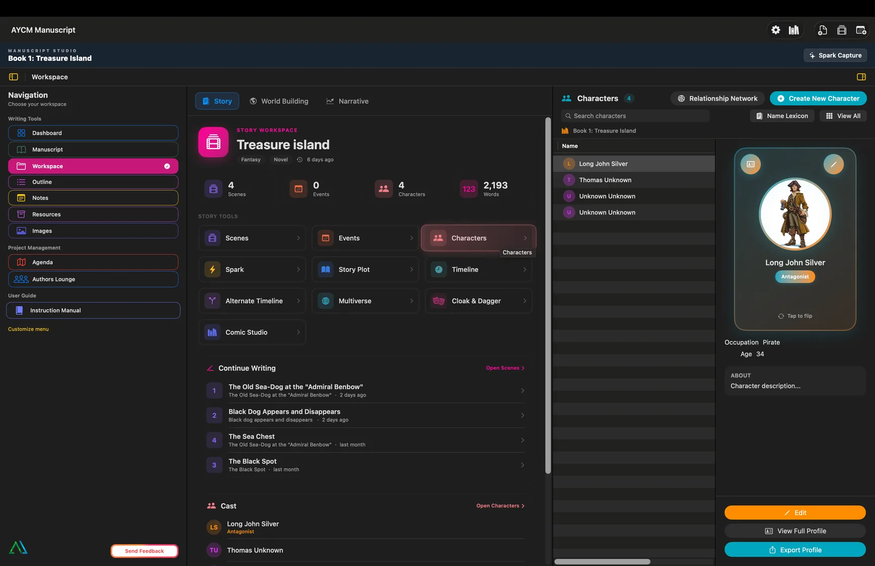 Characters on Mac — sortable roster, trading card preview, and cast management tools